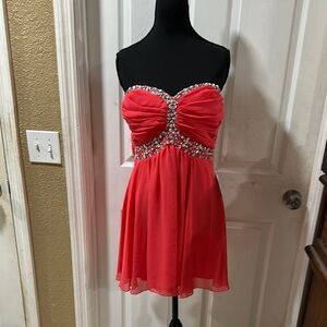 Strapless Coral Dress with Embellished Bodice